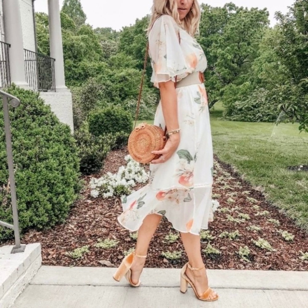 Farm Rio x Anthropologie Eloisa Peach Floral Midi Dress Flutter Sleeve White Sm